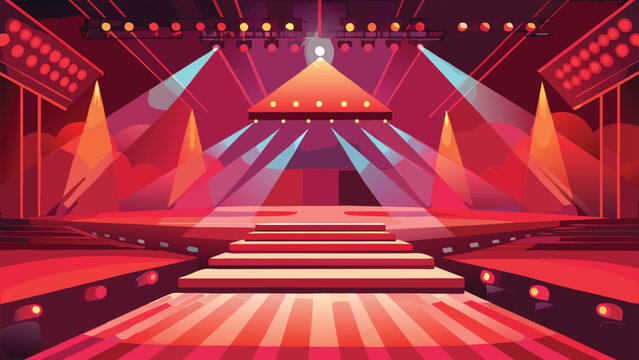 A vibrant stage setup for a concert or show, featuring red and blue spotlights illuminating a central platform with stairs, creating an energetic and captivating atmosphere for performance.