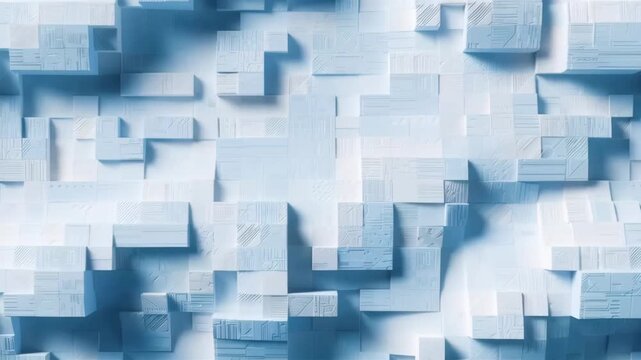 Panning shot of geometric blocks shifting across textured tiled wall in studio with soft blue lighting