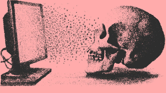 Skull and computer set in pink hue. Abstract vector illustration featuring a digital image with unique textures and patterns.
