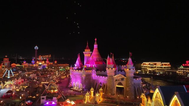 Illuminated Fairy Tale Castle at Manzhouli Matryoshka Square Night in Manzhouli Matryoshka Square, Inner Mongolia, China