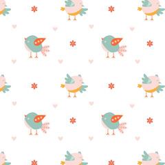Obraz premium A cute pattern featuring funny birds, flowers, and hearts for textiles