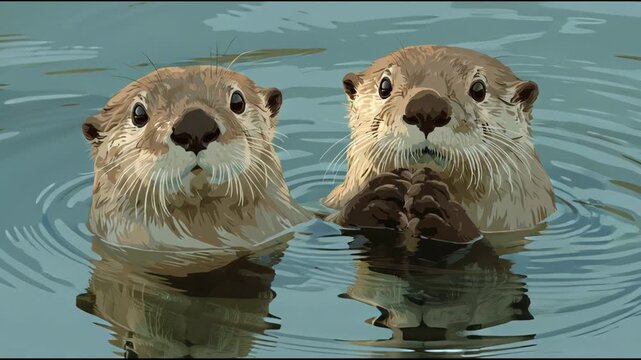 Two Adorable Otters Swimming and Playing in Calm Water.
