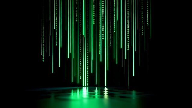 Digital code rain on reflective surface