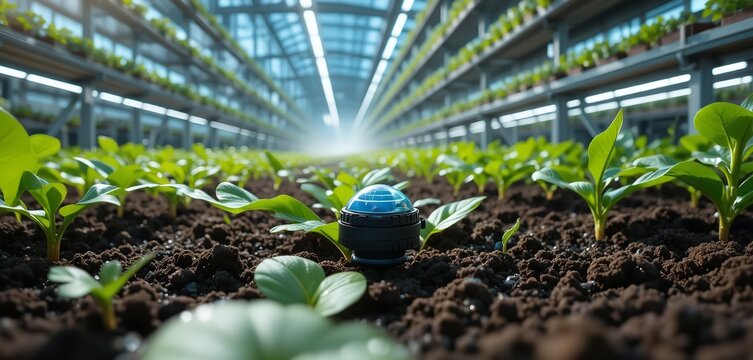 Smart sensor monitoring lush green seedlings inside a modern vertical greenhouse facility with bright natural light beams shining down on rows of planted vegetable crops placed on transparent backgrou