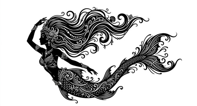 Premium antique mythological mermaid silhouette vector illustration isolated on white background
