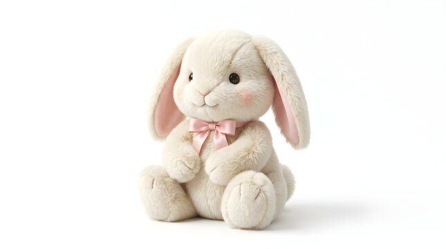 Cute fluffy stuffed beige rabbit toy with long floppy ears and a small pink bow sitting isolated on a white background