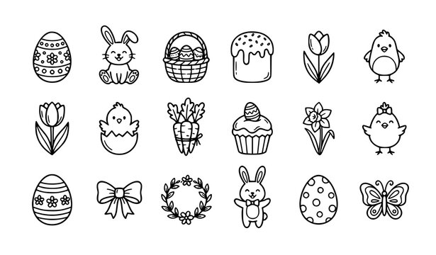 Happy Easter doodle outline icon set bunny eggs cupcakes and flowers vector isolated on white background