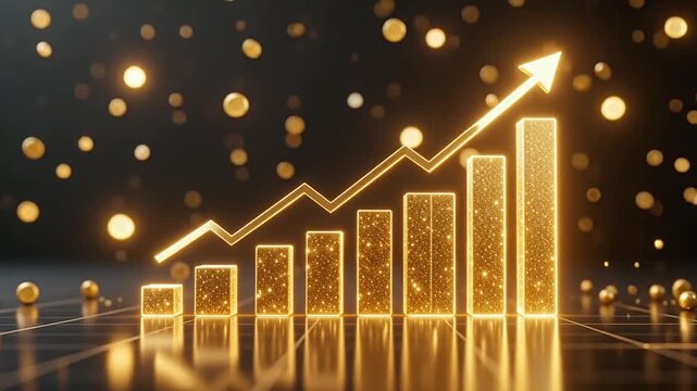 Glowing gold growth graph animation showing scattered light, particles representing optimistic financial profit success progress