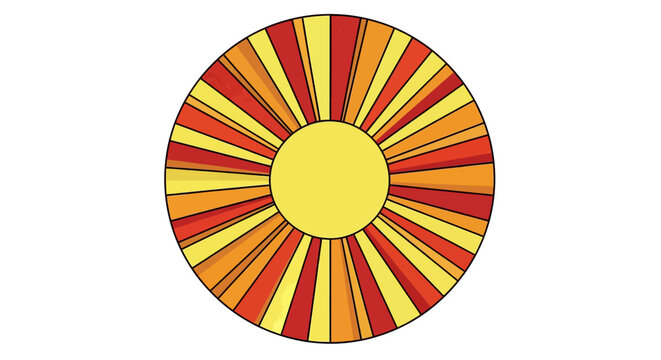 Vibrant circular sunburst with yellow and red rays on textured background