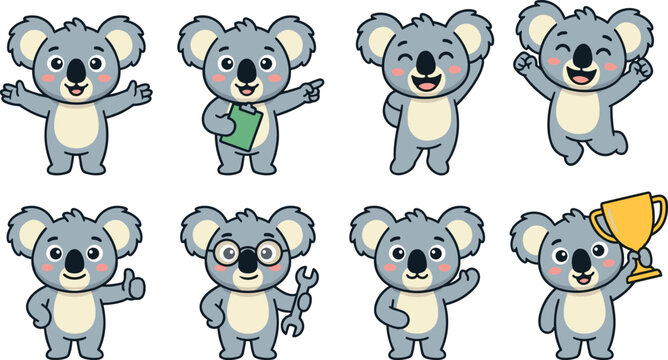 Adorable Koala Cartoon Character Set Featuring Waving Pointing Laughing Jumping Teaching Working Greeting and Winning Poses for Cute Vector Illustration Designs