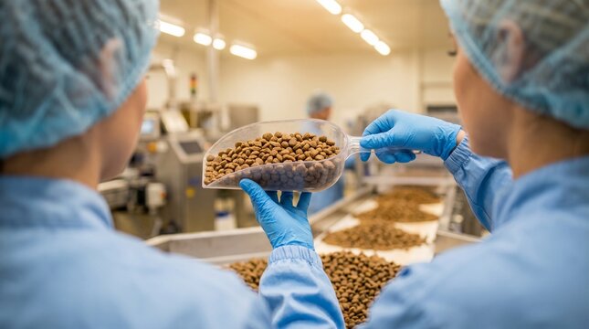 two female quality control inspectors in sterile blue uniforms holding a clear plastic scoop of dry pet food kibble. Modern manufacturing plant with a conveyor belt in the blurred background. Concept 