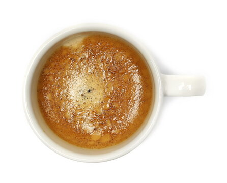porcelain espresso coffee cup isolated on white background, top view	