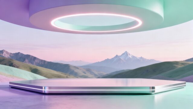 Futuristic platform with mountain view