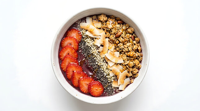 Healthy acai bowl topped with fresh sliced strawberries granola coconut flakes and seeds served in a white ceramic bowl on white