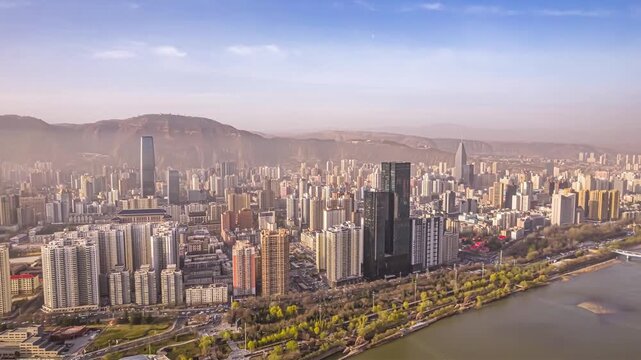 Aerial View of Lanzhou Skyline and Yellow River in Lanzhou, China