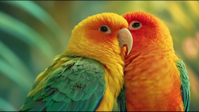 Two Colorful Parrots Perched Together in a Tropical Setting.