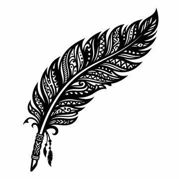 Ornate black feather with intricate tribal patterns and decorative elements on isolated white background.