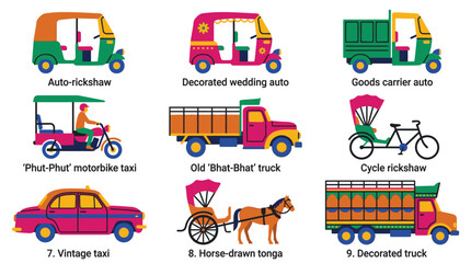 Fototapeta premium Collection of colorful pixel art vehicles including auto rickshaws, trucks, bicycle rickshaw, and horse-drawn carriage, representing different modes of transport