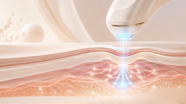 Cross section illustration of skin layers receiving HIFU radiofrequency energy stimulating collagen network in dermis for anti aging treatment