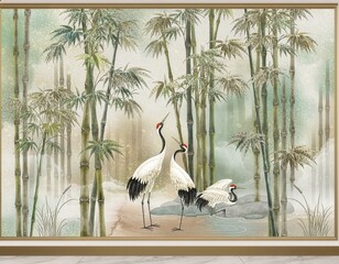 Naklejka premium Elegant oriental mural with bamboo forest and cranes