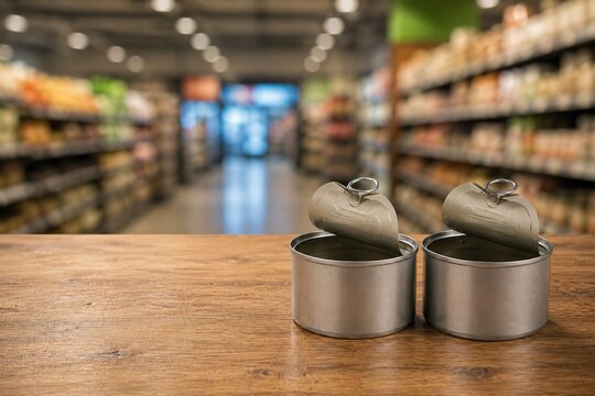 Two open metal cans of unbranded non-perishable food on a wooden table with a supermarket bokeh background, premium advertising concept for consumption