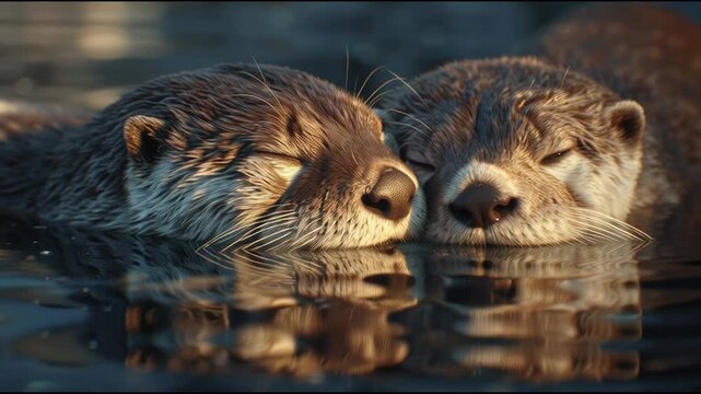 Two Otters Resting Peacefully in Water with Reflections.