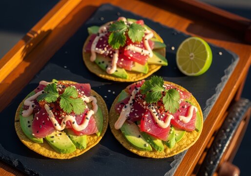 Fresh ahi tuna tostadas with avocado and spicy mayo