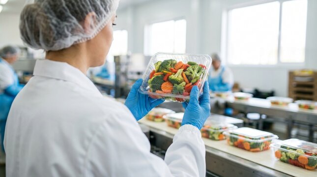  Vis&atilde;o por cima do ombro de uma inspetora de controle de qualidade em uniforme est&eacute;ril inspecionando uma embalagem de vegetais frescos em uma moderna f&aacute;brica de alimentos