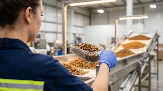Female quality control worker in a uniform and blue gloves holding a clear scoop of dry pet food at a modern animal feed manufacturing plant.