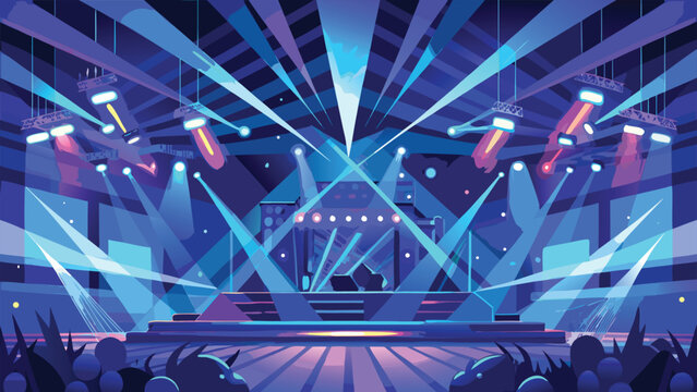 Modern electronic stage design with multiple blue light beams crossing over central platform and suspended lighting rigs in professional concert arena for musical events and festival performances.