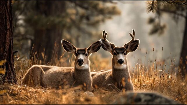 Two Majestic Mule Deer Bucks Resting Peacefully in a Golden Forest.