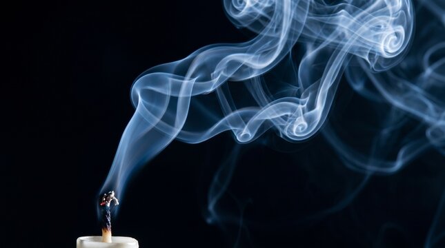 Graceful blue smoke elegantly rises from a freshly extinguished white candle wick, forming intricate patterns against a deep dark background, symbolizing an ethereal moment.