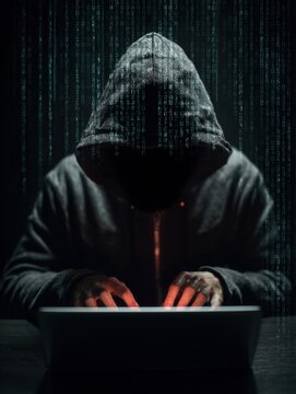 Computer hacker wearing dark hoodie typing on laptop keyboard matrix digital binary code falling background cyber security data breach criminal hacking online anonymous spy virus malware
