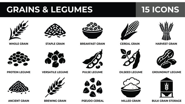 Set of 15 Hand-Drawn Grains and Legumes Icons in Black and White Line Art Style
