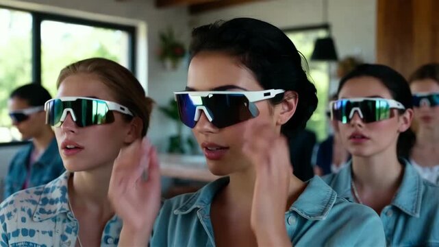 Tracking shot of group of women trying on mirrored sunglasses in bright indoor showroom