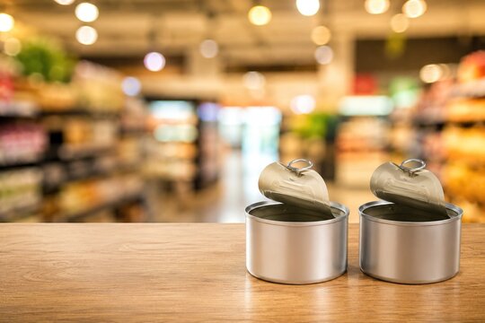 Two open metal cans of unbranded non-perishable food on a wooden table with a supermarket bokeh background, premium advertising concept for consumption