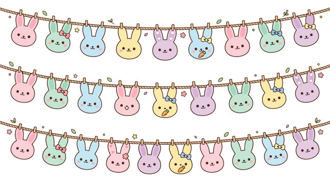Cute bunny heads garland on a rope with clothespins, vector illustration of colorful rabbit faces