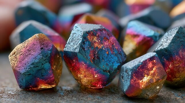 Polished Rare Earth Stones, showcasing iridescent reflections, luxurious textures, and a futuristic aesthetic, embodying the essence of advanced materials and gemstone elegance.