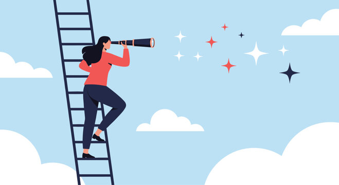 Ambitious woman climbing a ladder and looking through a telescope at shining stars to represent vision, future goals, and high aspirations.
