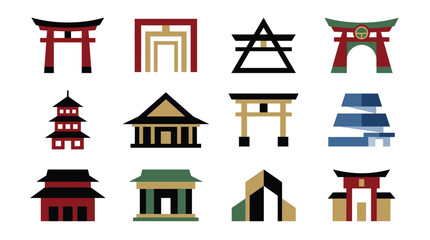 Obraz premium Collection of pixel art representations of Japanese architecture and cultural symbols, featuring torii gates, pagodas, and traditional buildings, in a flat design style