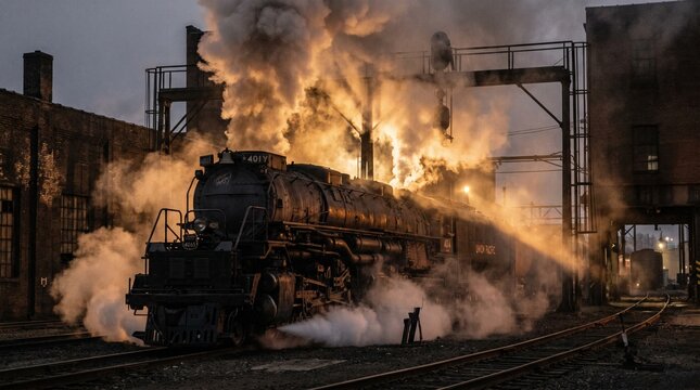 Powerful Union Pacific Big Boy steam locomotive 4014 majestically releases billows of golden glowing smoke and steam at dusk within an industrial railyard.