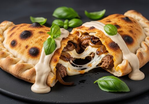 Delicious homemade calzone with melted cheese, beef, and caramelized onions
