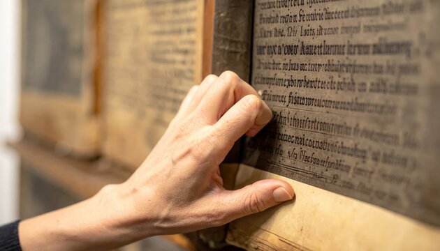Curator's hand gently turning a fragile vellum manuscript page, revealing ancient text and history.