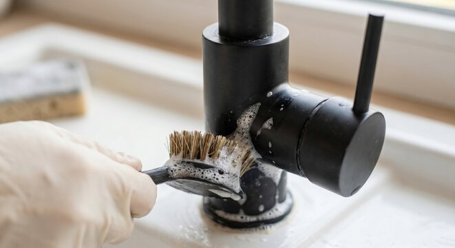 Scrubbing limescale from matte black faucet with brush