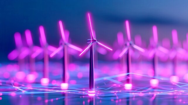 Futuristic clean energy landscape featuring luminous wind turbines and advanced electric networks, emphasizing renewable energy and rare earth elements in a sustainable technology vision