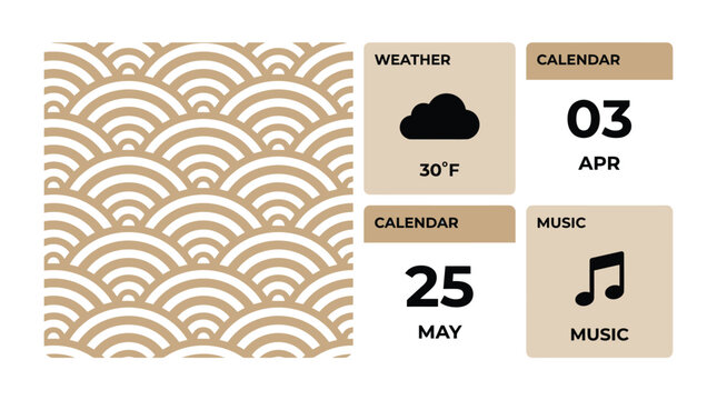 Japanese wave pattern beside digital widgets displaying weather, calendar dates, and music icon for a desktop interface or app design