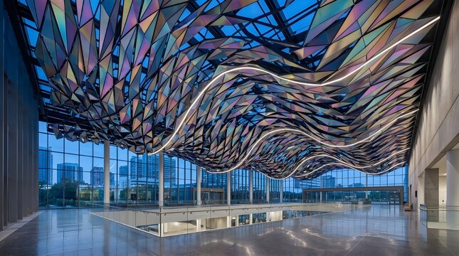 Parametric wave ceiling structure with iridescent metal panels