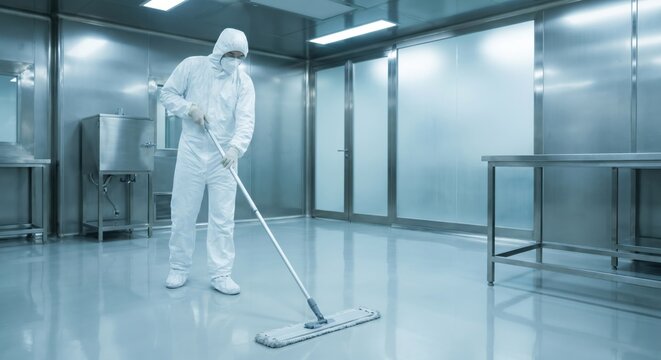 Worker in hazmat suit cleaning sterile laboratory floor