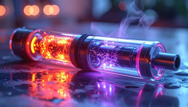 Close-up of a glowing vape pen with colorful vapor and reflections.