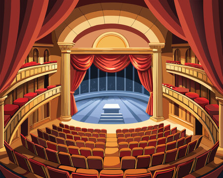 Empty theatre stage with red curtains and empty seats. grand opera or concert hall interior view from above. traditional performance venue design with elegant balconies and classic architecture.